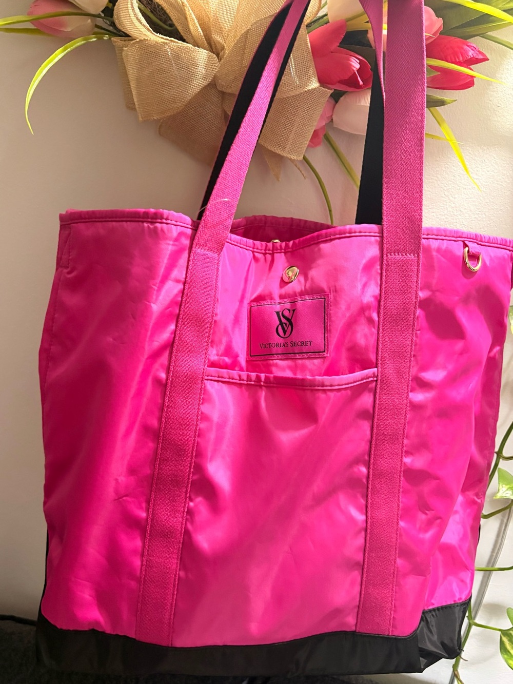 Victoria's Secret Bright Hot Pink Tote with Black Base